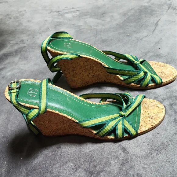 Gap Green Strappy Wedge Sandals with Cork Heels, Ankle Strap, Island Vacation, 7 - Picture 2 of 5